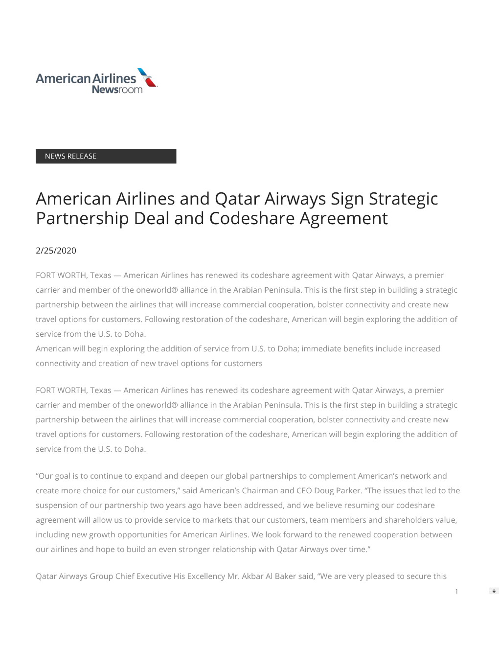 American Airlines and Qatar Airways Sign Strategic Partnership Deal and Codeshare Agreement