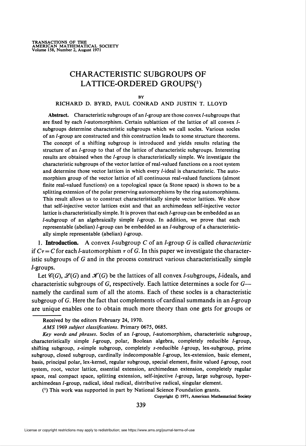 Characteristic Subgroups of Lattice-Ordered Groupso