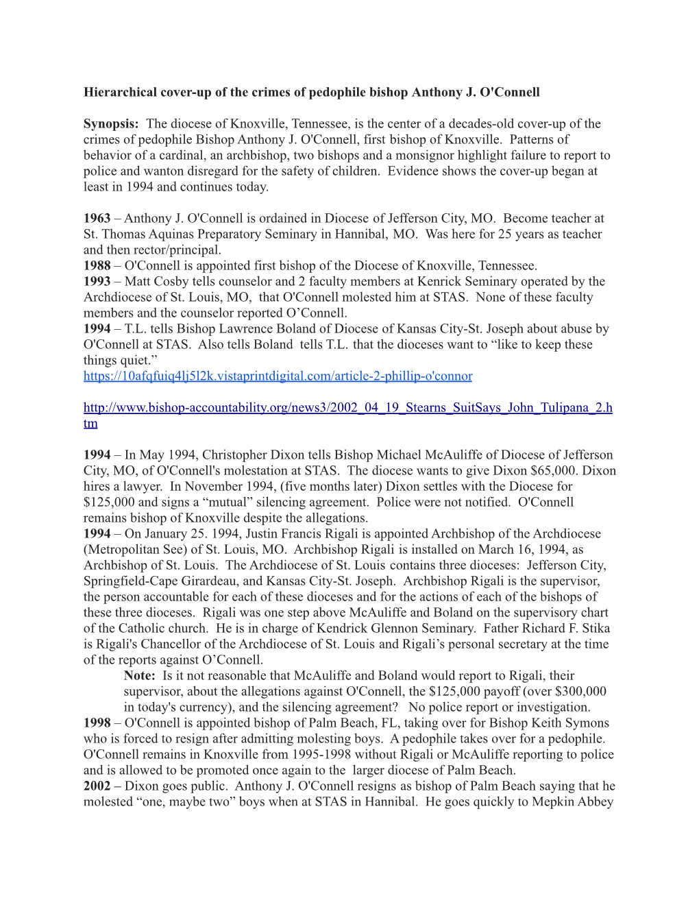 Hierarchical Cover-Up of the Crimes of Pedophile Bishop Anthony J. O'connell