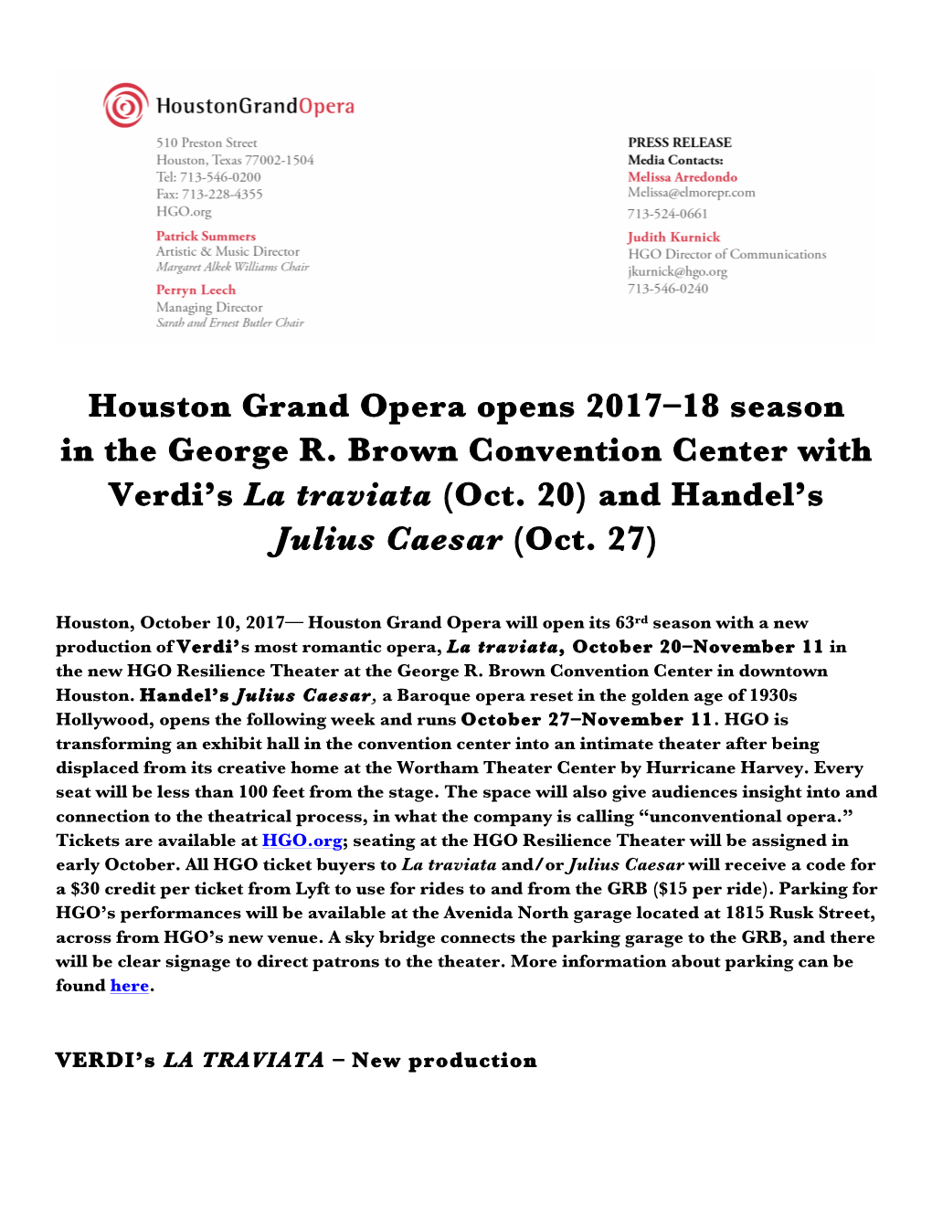 Houston Grand Opera Opens 2017–18 Season in the George R. Brown Convention Center with Verdi’S La Traviata (Oct