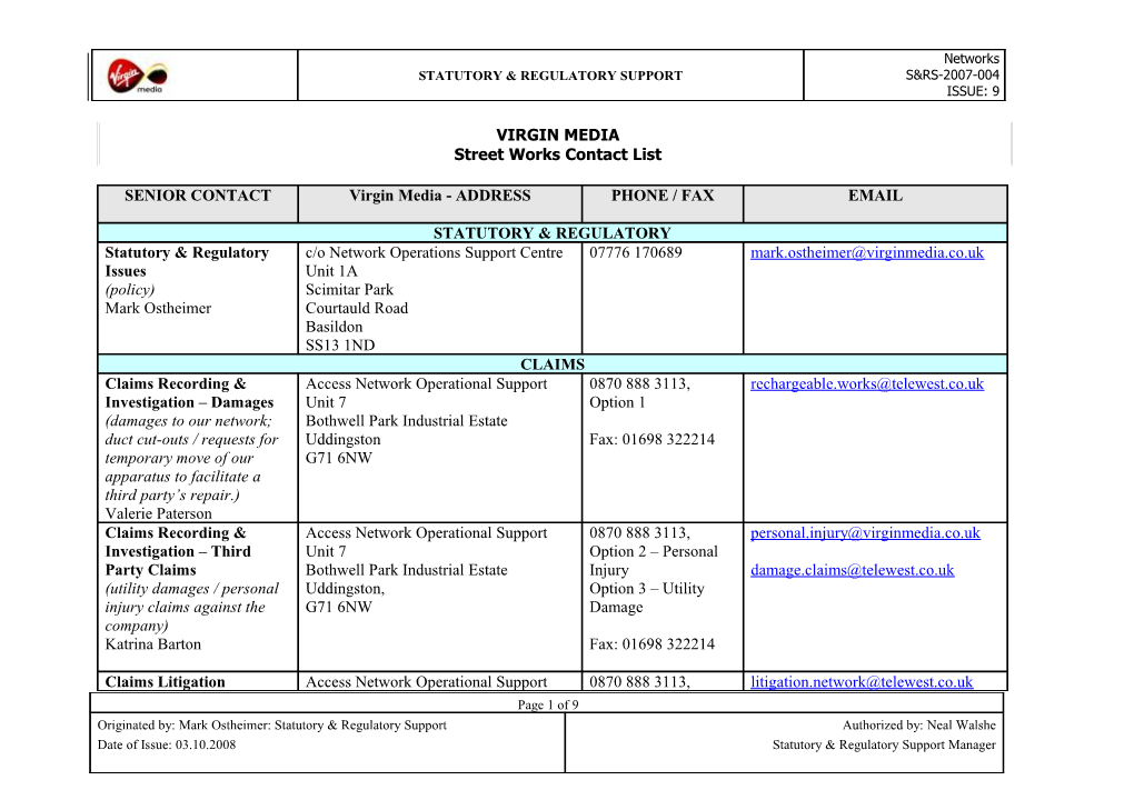 Street Works Contact List