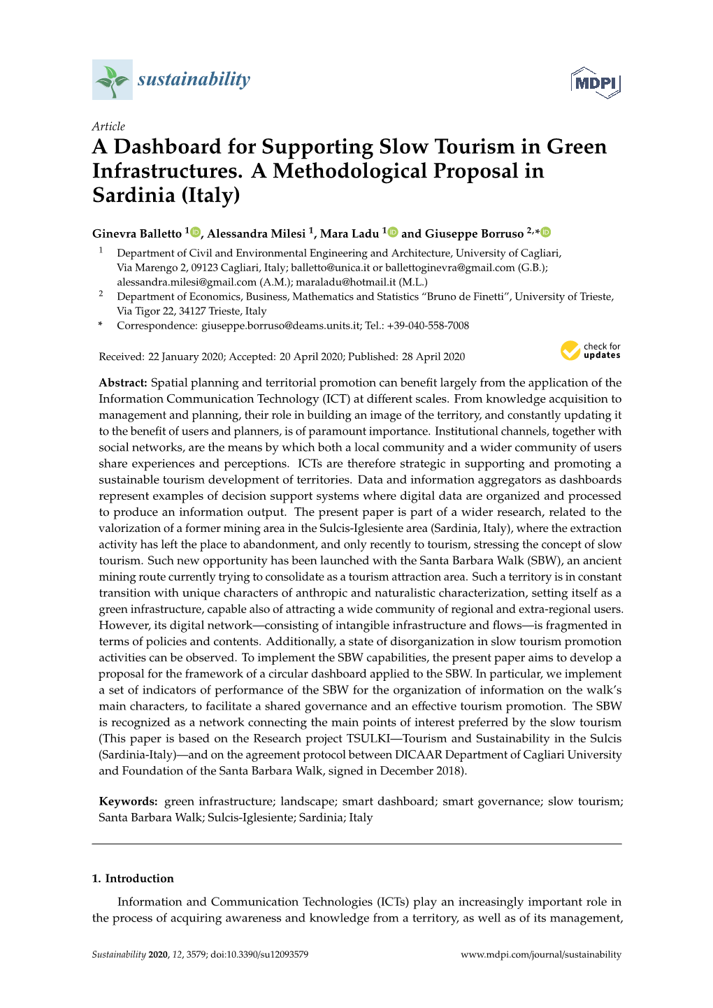 A Dashboard for Supporting Slow Tourism in Green Infrastructures. a Methodological Proposal in Sardinia (Italy)