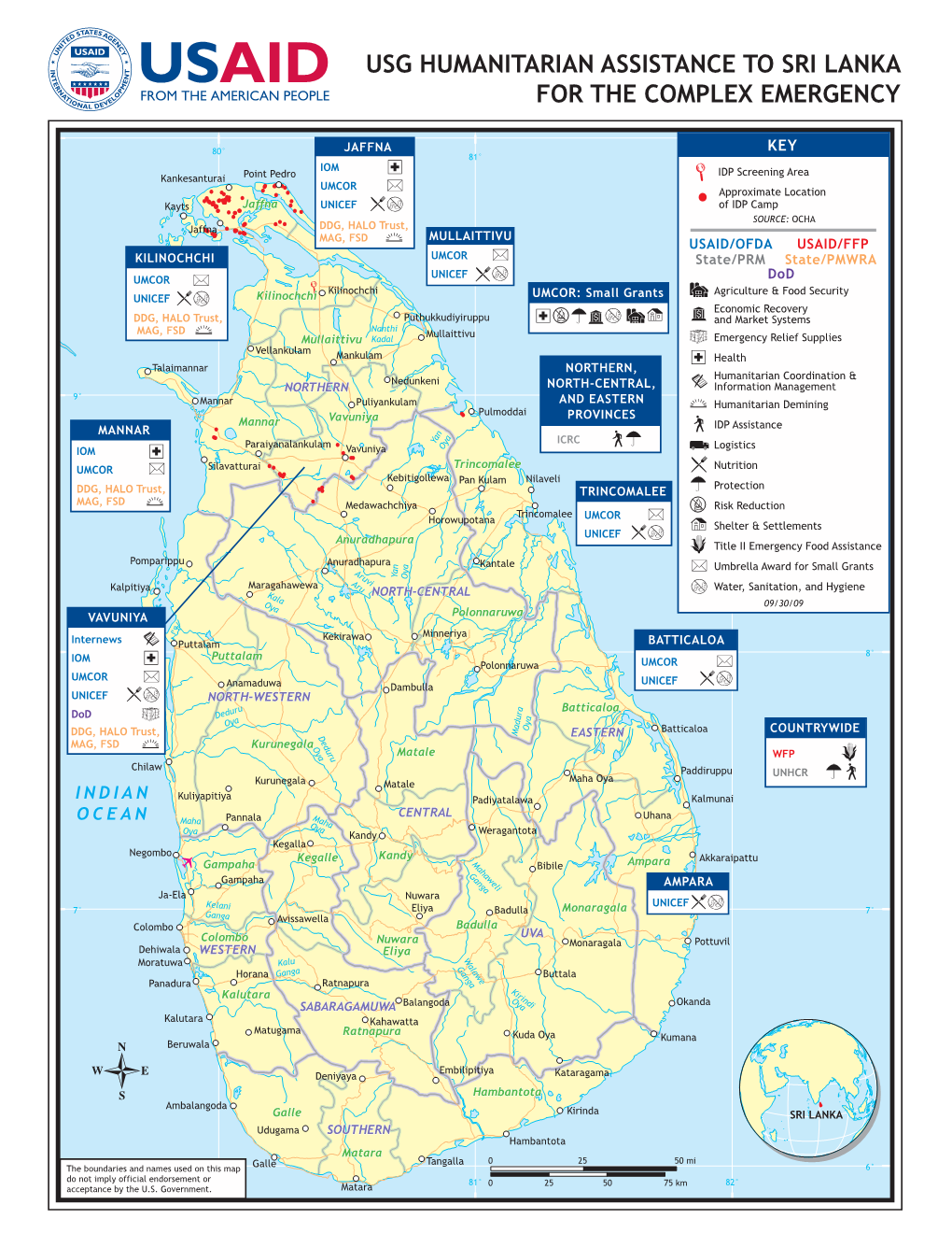 USAID/OFDA Sri Lanka Program Map 9/30/2009