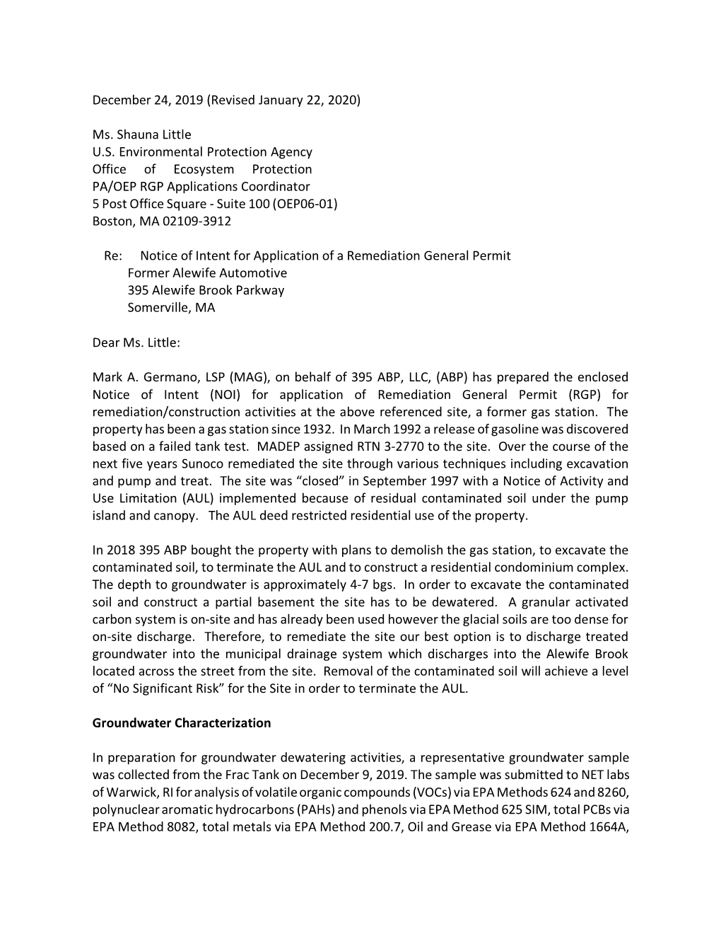 Re: Notice of Intent for Application of a Remediation General Permit, Former Alewife Automotive, 395 Alewife Brook Parkway, Some