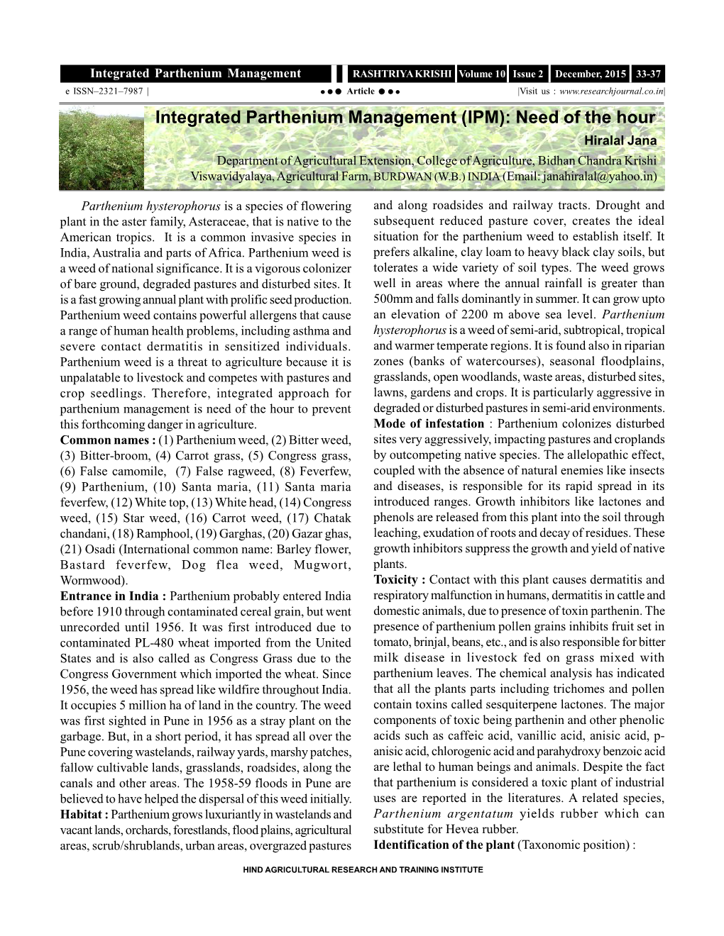 Integrated Parthenium Management (IPM): Need of the Hour