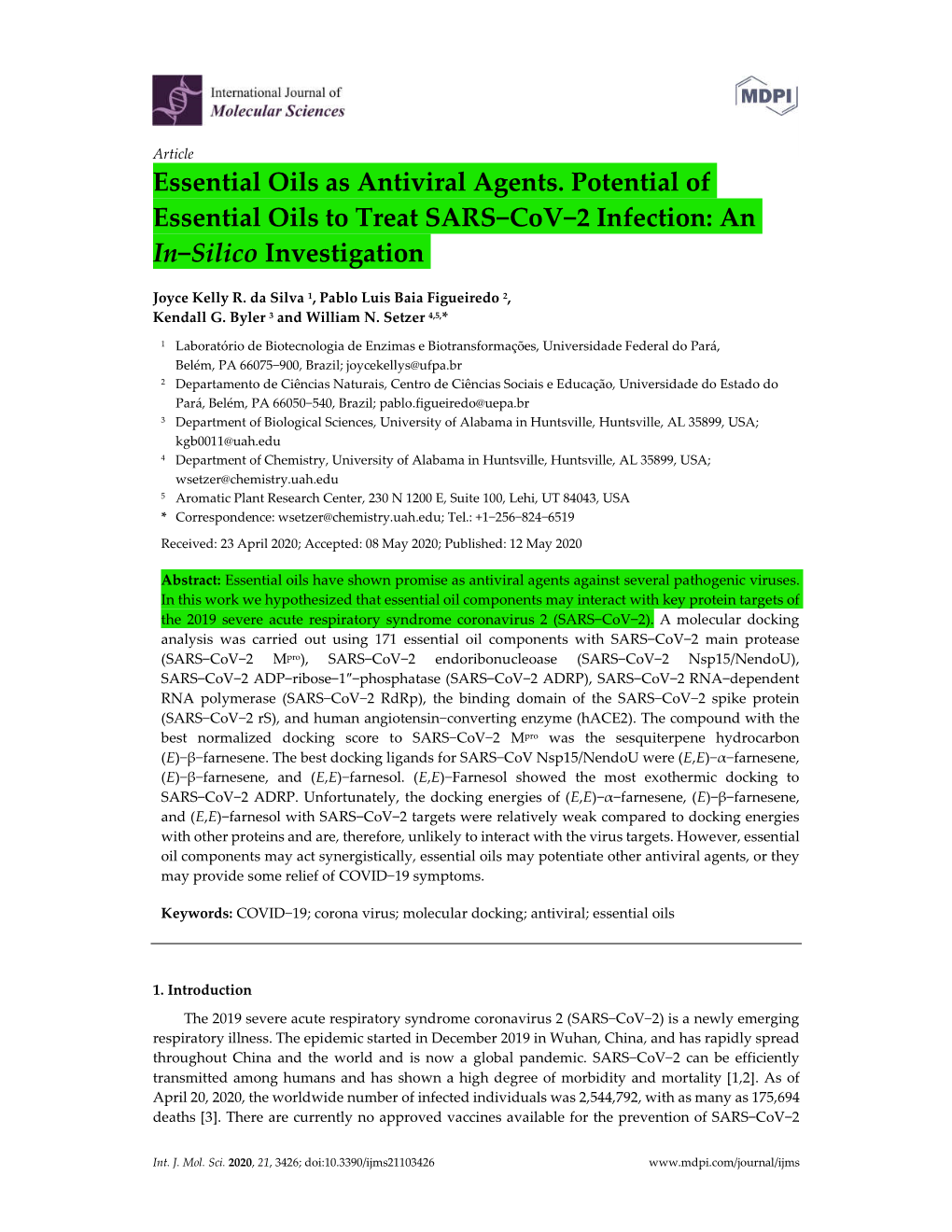 Essential Oils As Antiviral Agents. Potential of Essential Oils to Treat SARS−Cov−2 Infection: an In−Silico Investigation