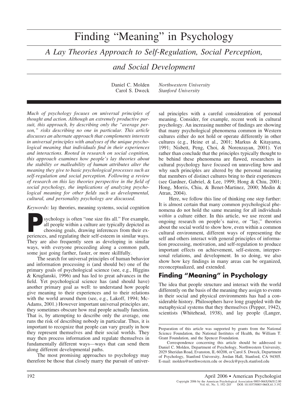 Meaning” in Psychology a Lay Theories Approach to Self-Regulation, Social Perception, and Social Development