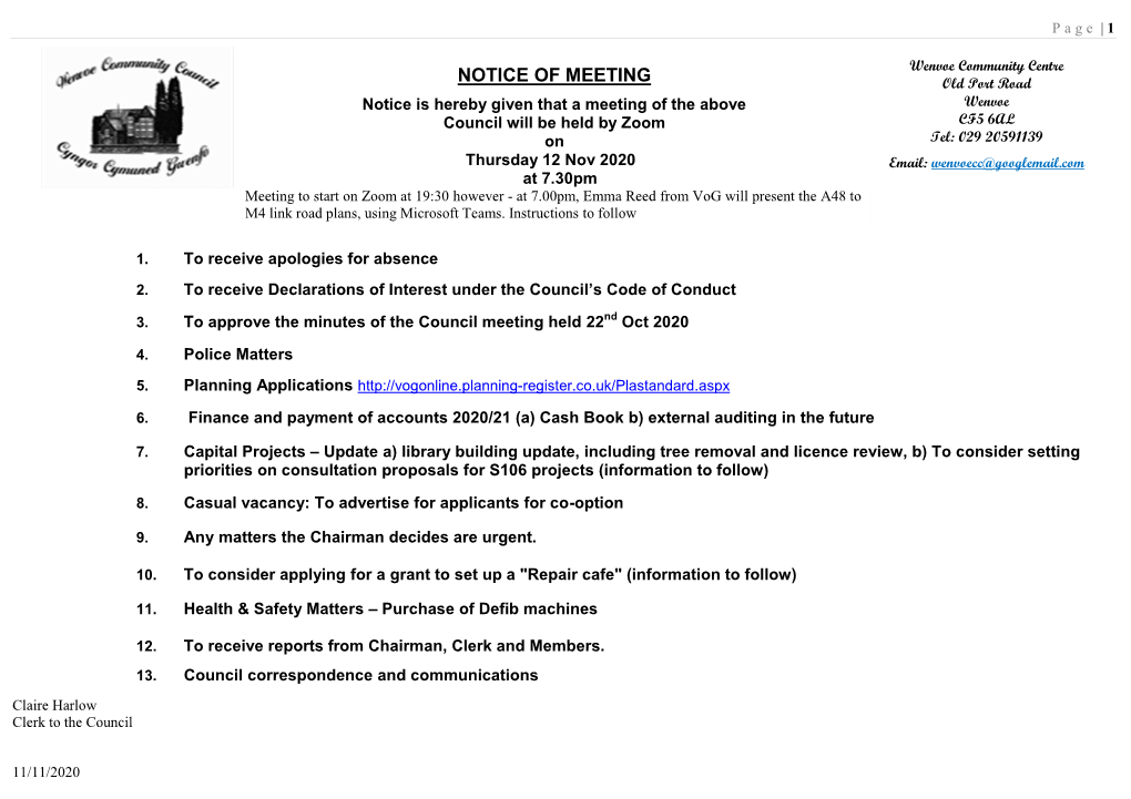 20-11-11 Council Meeting Agenda