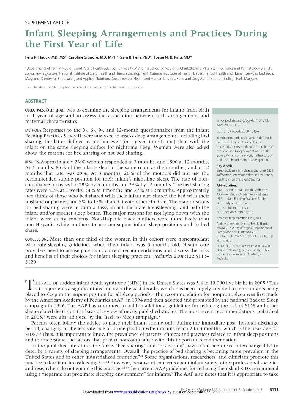 Infant Sleeping Arrangements and Practices During the First Year of Life