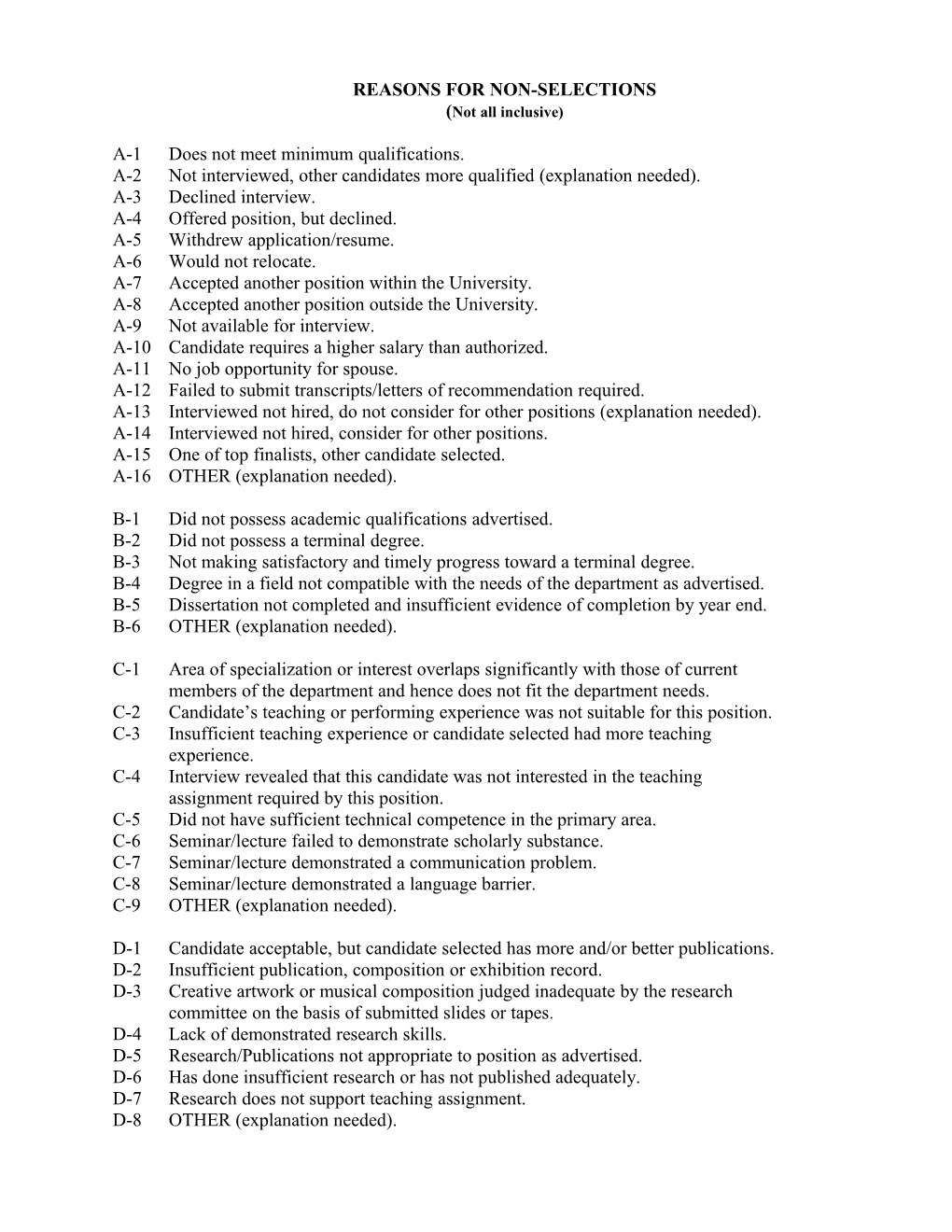 Reasons for Non-Selections