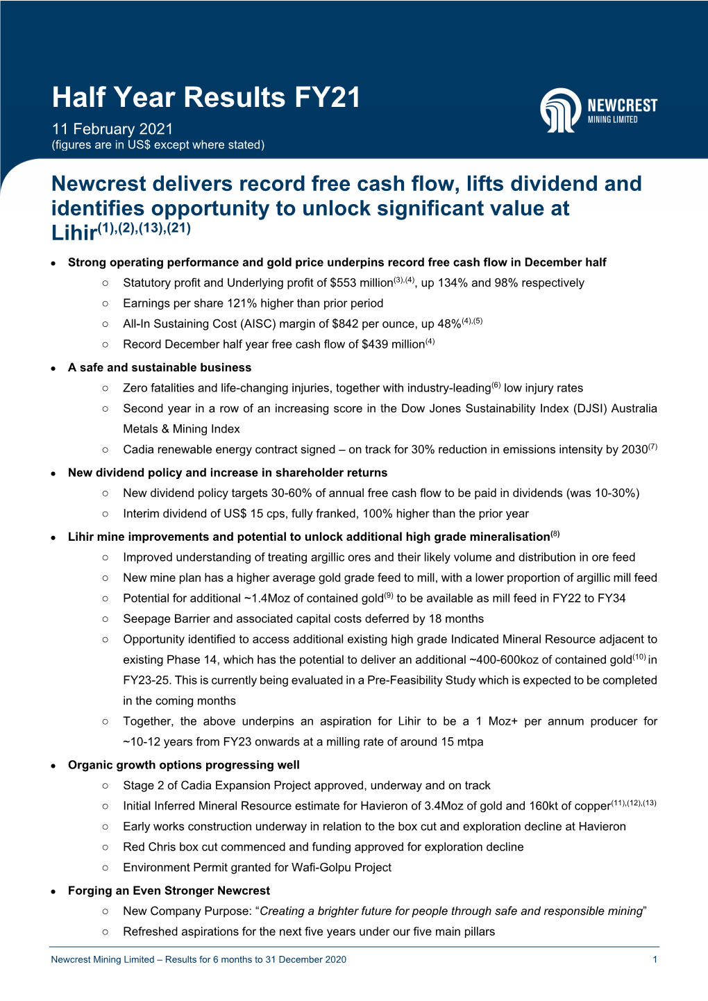 Newcrest FY21 Half Year Results – Results Release