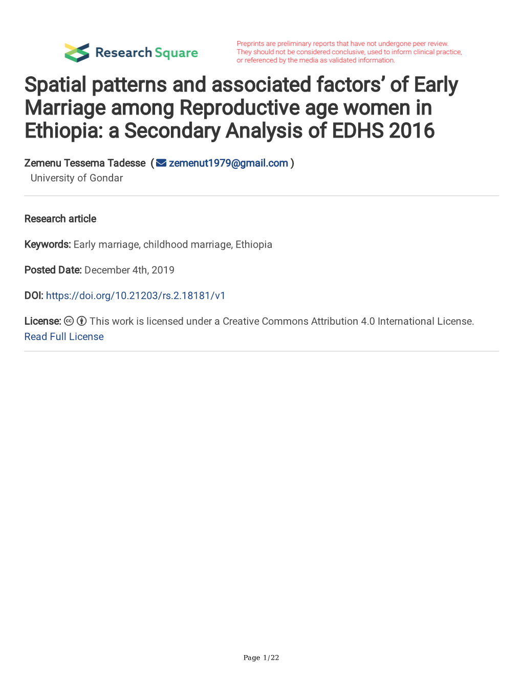 Spatial Patterns and Associated Factors' of Early Marriage Among