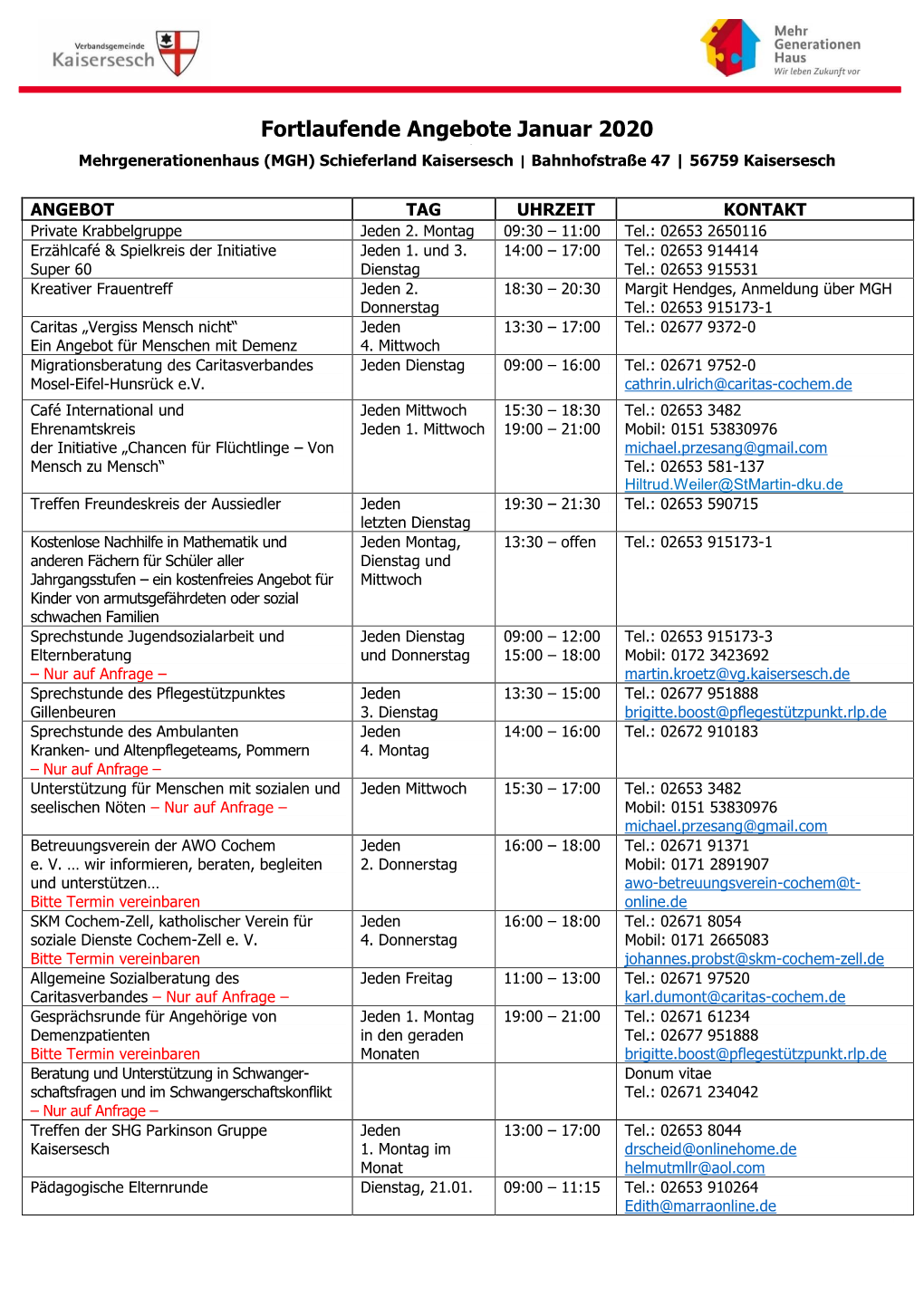 Fortlaufende Angebote Januar 2020