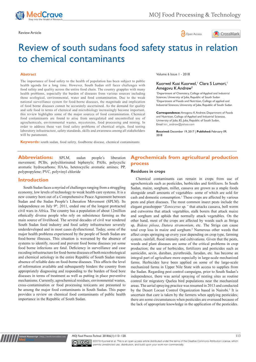 Review of South Sudans Food Safety Status in Relation to Chemical Contaminants