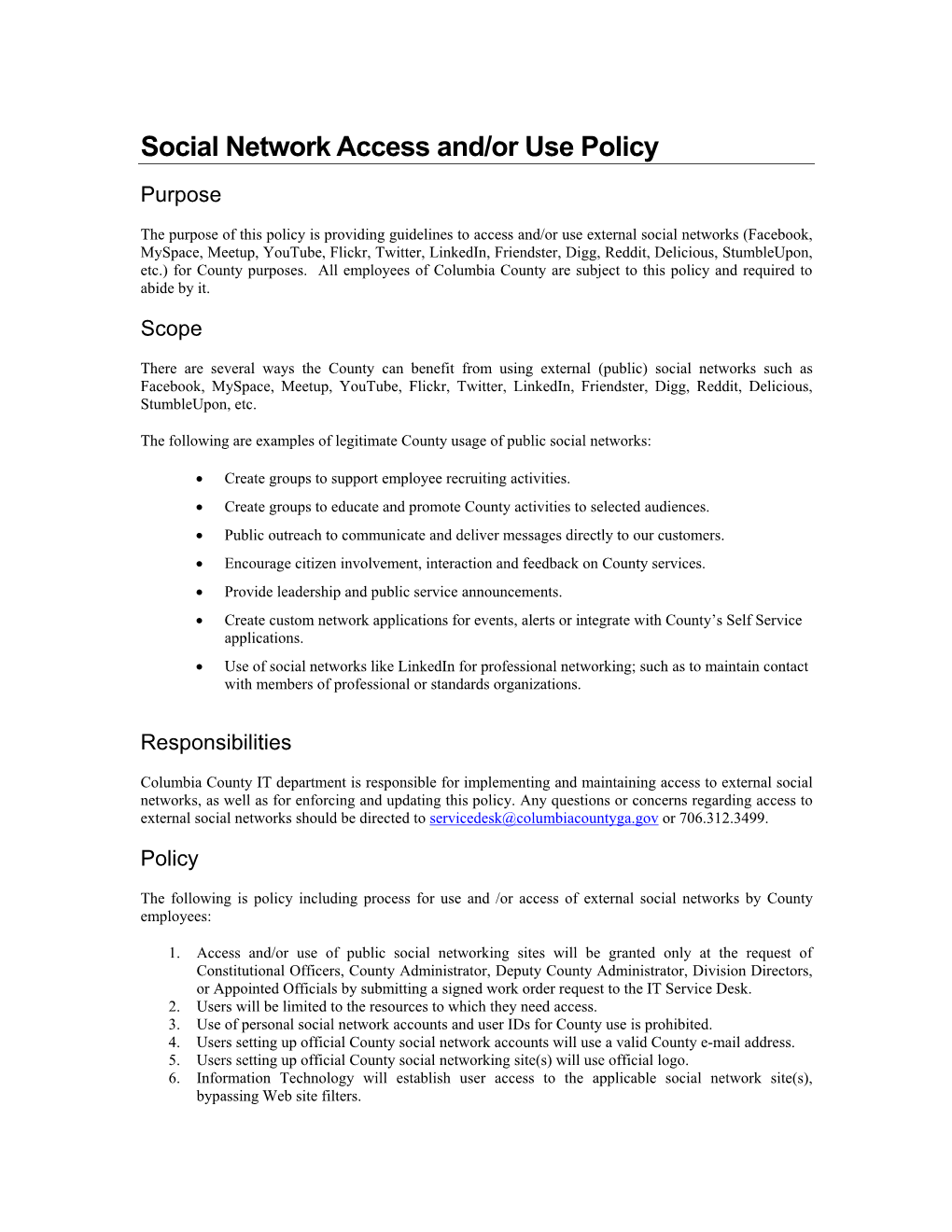 Social Network Access And/Or Use Policy