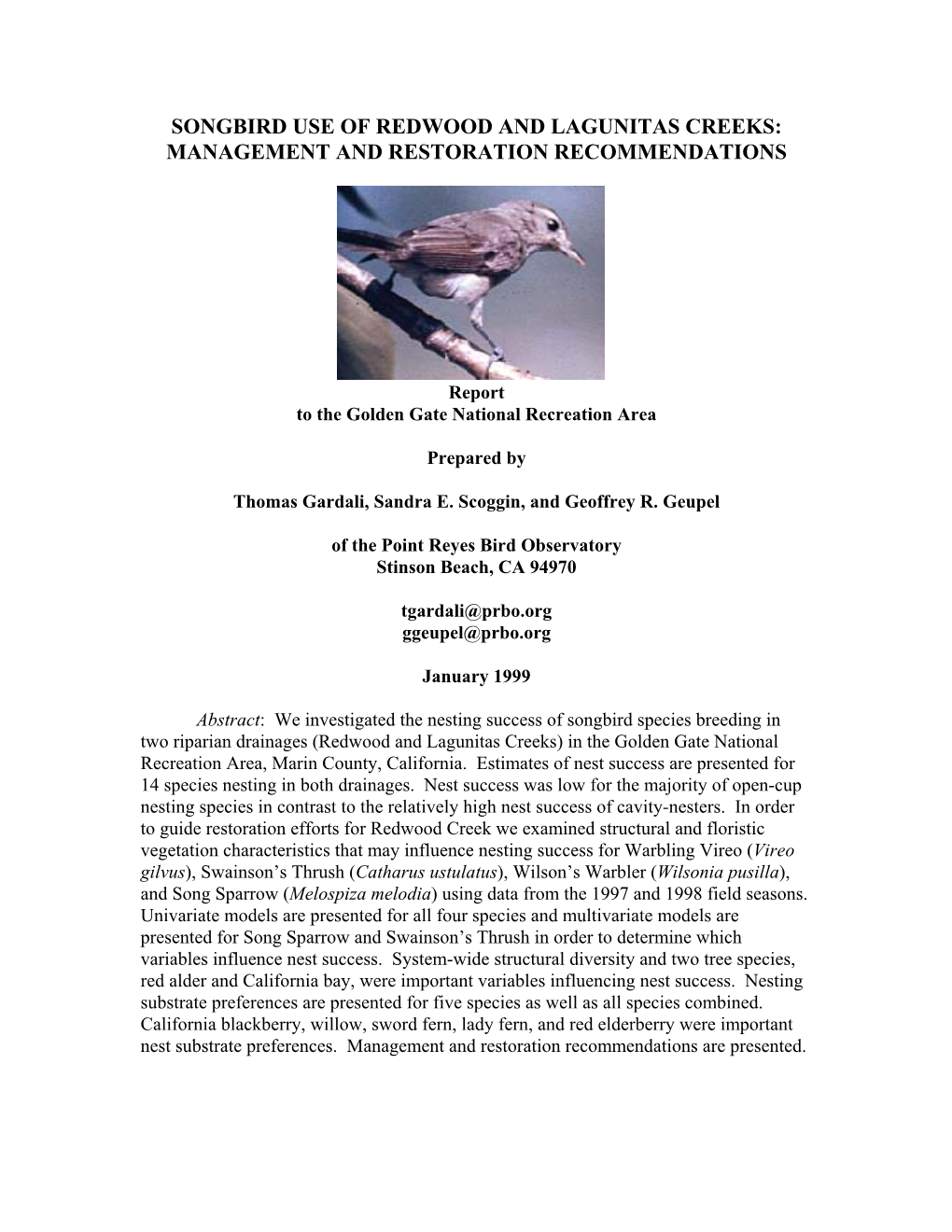 Songbird Use of Redwood and Lagunitas Creeks: Management and Restoration Recommendations