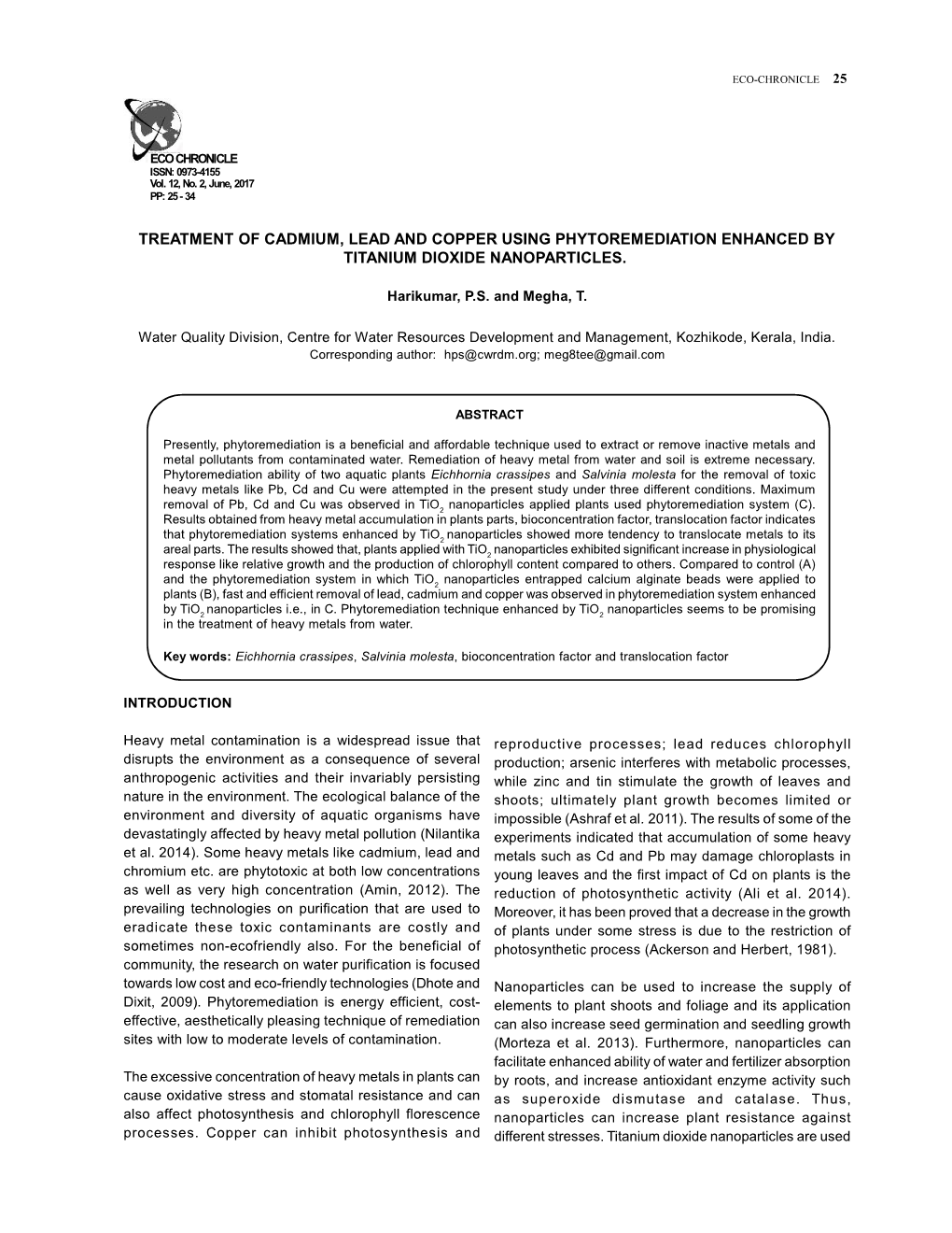 Treatment of Cadmium, Lead and Copper Using Phytoremediation Enhanced by Titanium Dioxide Nanoparticles