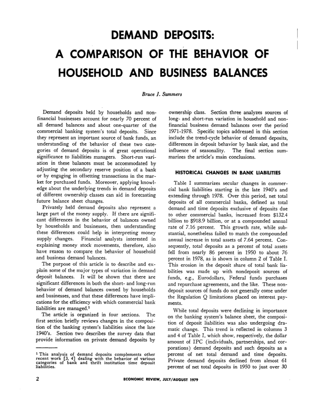 Demand Deposits: a Comparison of the Behavior of Household and Business Balances