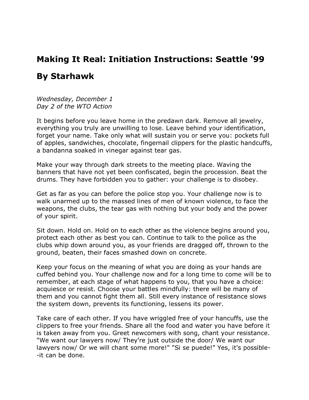 Making It Real: Initiation Instructions: Seattle '99