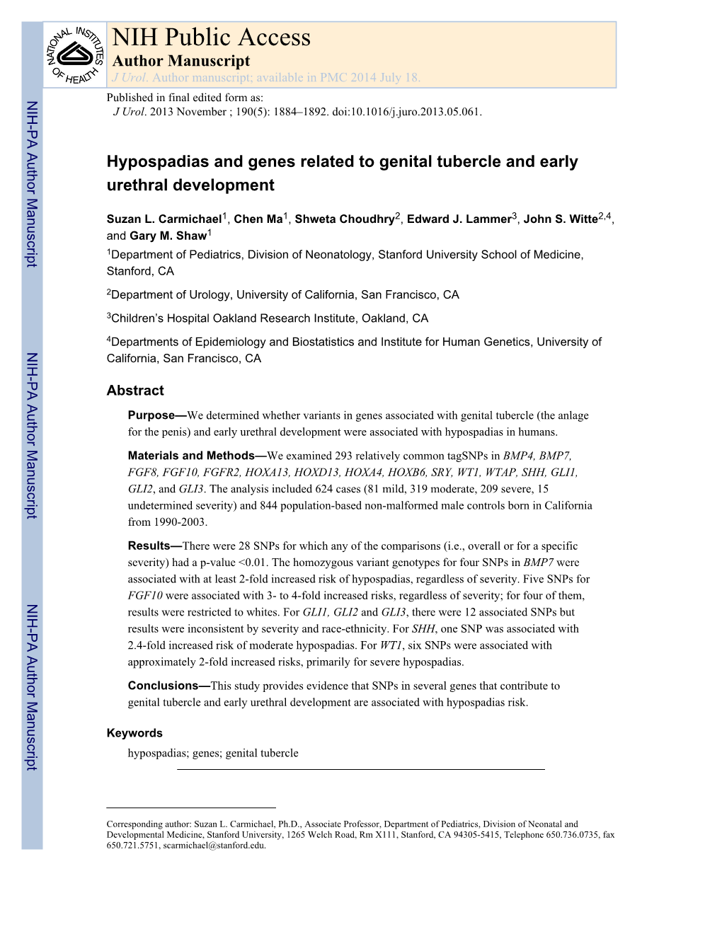 Hypospadias and Genes Related to Genital Tubercle and Early Urethral Development