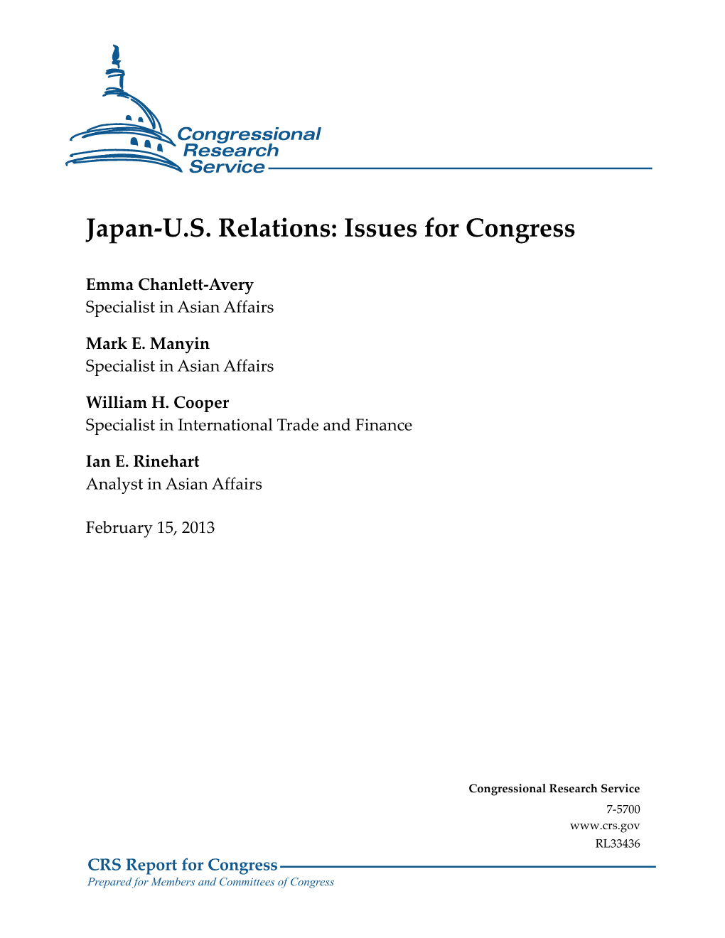 Japan-U.S. Relations: Issues for Congress