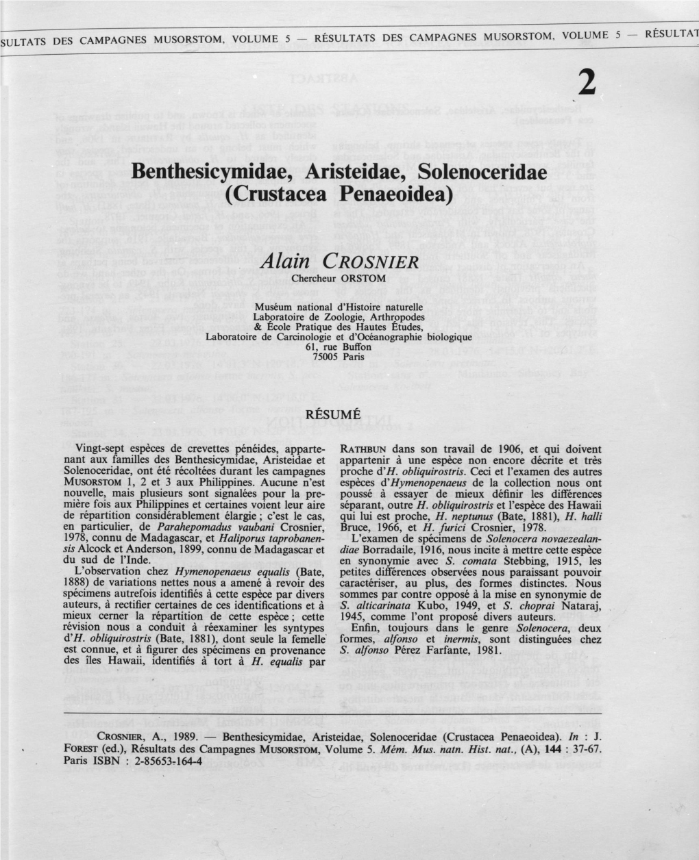 Benthesicymidae, Aristeidae, Solenoceridae (Crustacea Penaeoidea)