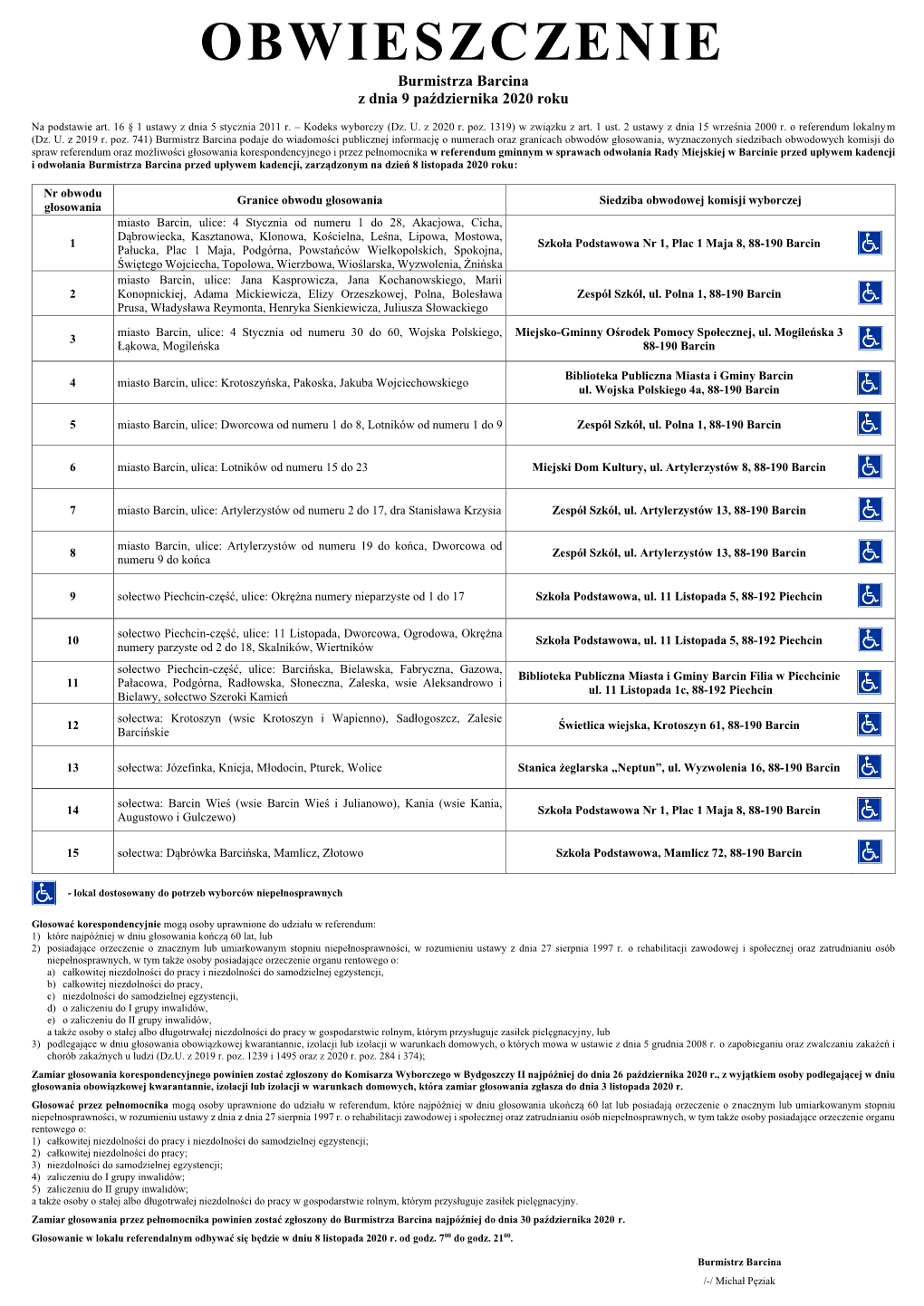 OBWIESZCZENIE Burmistrza Barcina Z Dnia 9 Października 2020 Roku