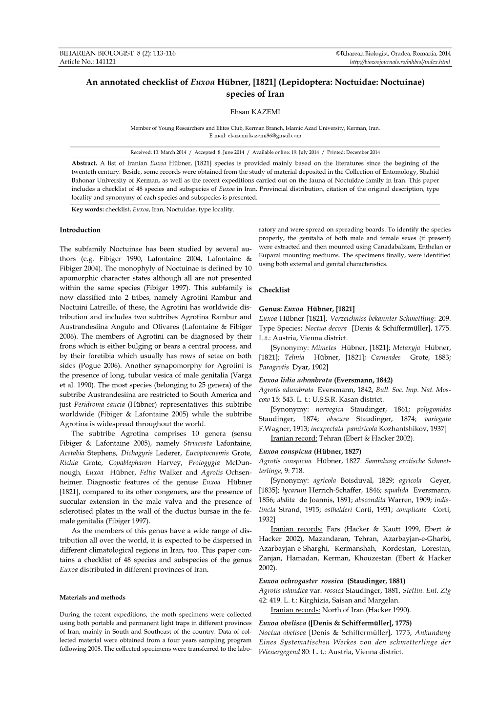 An Annotated Checklist of Euxoa Hübner, [1821] (Lepidoptera: Noctuidae: Noctuinae) Species of Iran