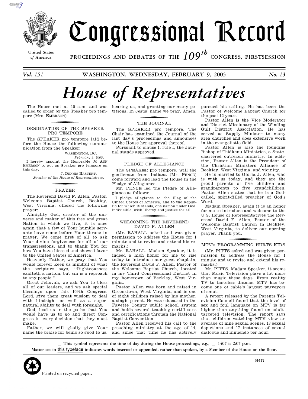 Congressional Record United States Th of America PROCEEDINGS and DEBATES of the 109 CONGRESS, FIRSTSESSION