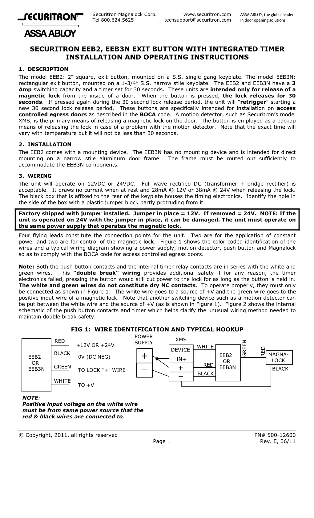 Securitron Eeb2, Eeb3n Exit Button with Integrated Timer Installation and Operating Instructions