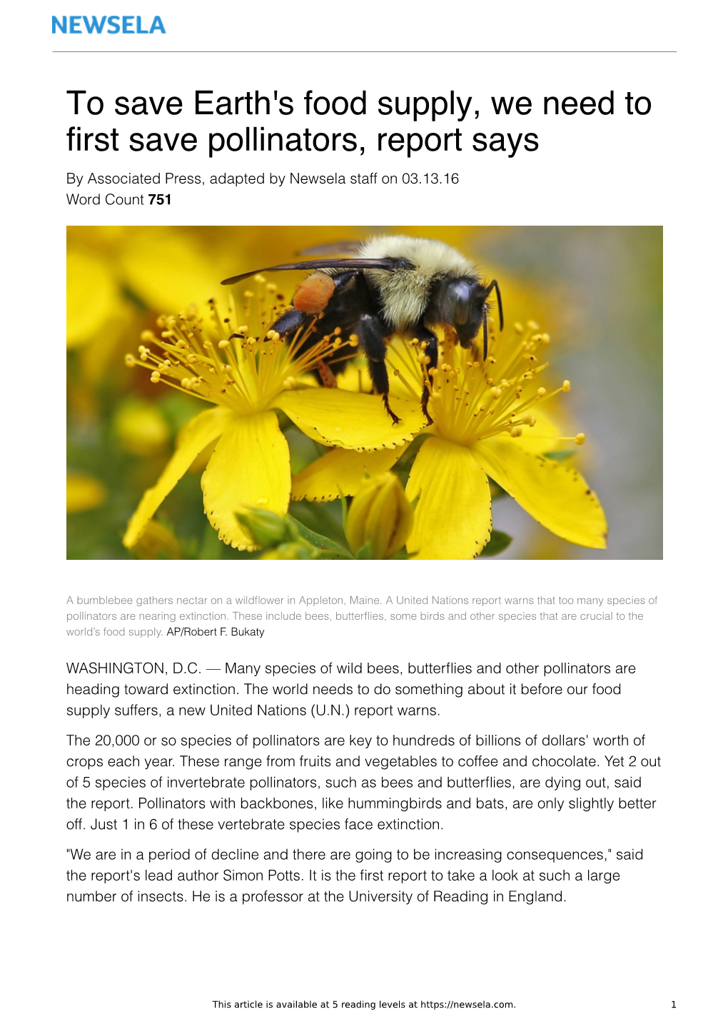 To Save Earth's Food Supply, We Need to First Save Pollinators, Report Says by Associated Press, Adapted by Newsela Staff on 03.13.16 Word Count 751