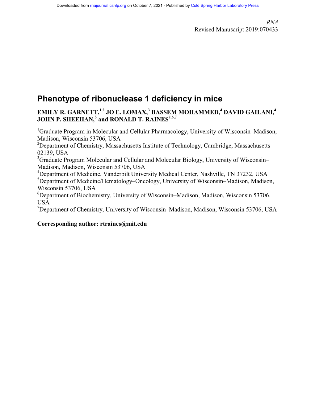 Phenotype of Ribonuclease 1 Deficiency in Mice EMILY R