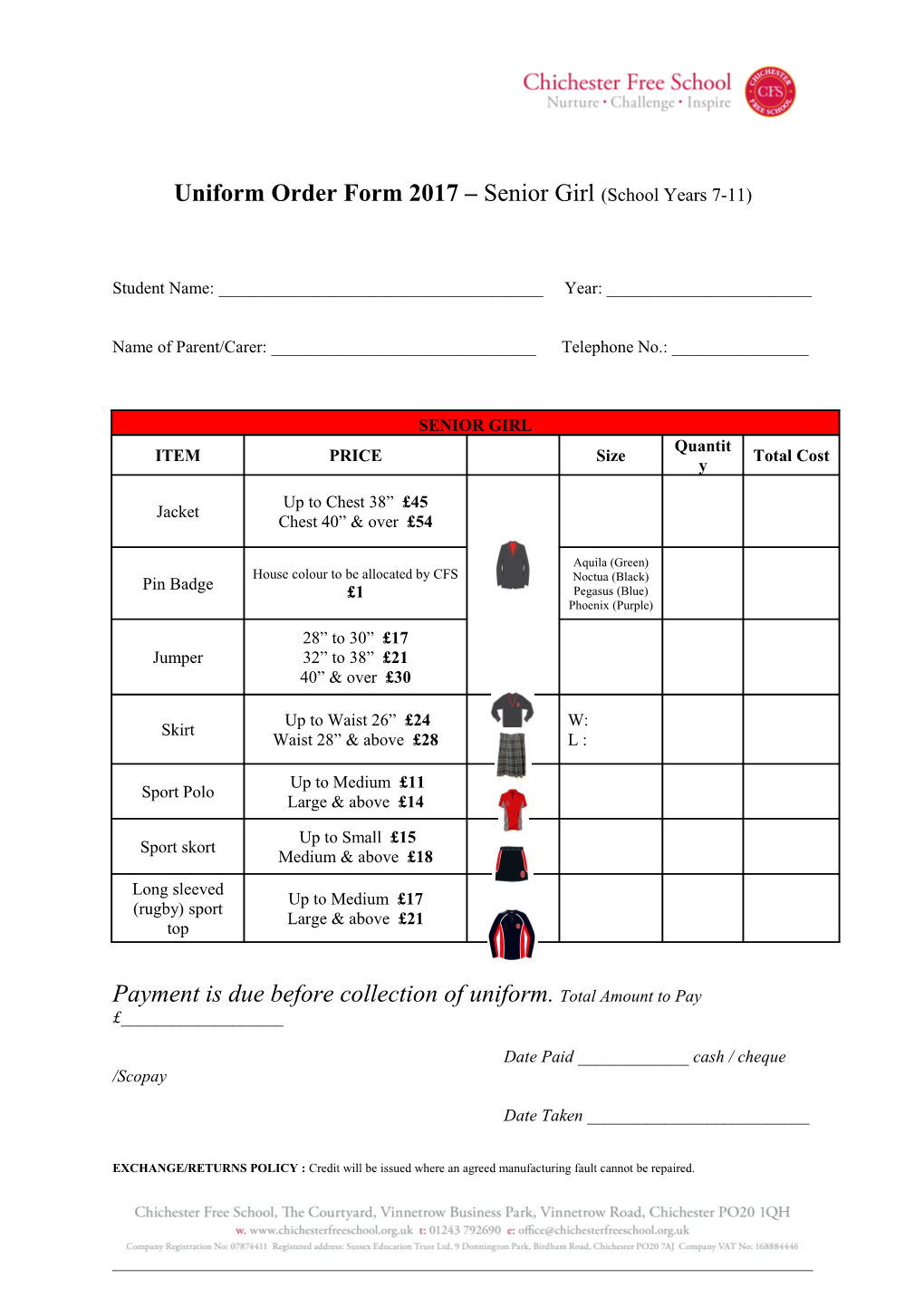 Uniform Order Form 2017 Senior Girl (School Years 7-11)