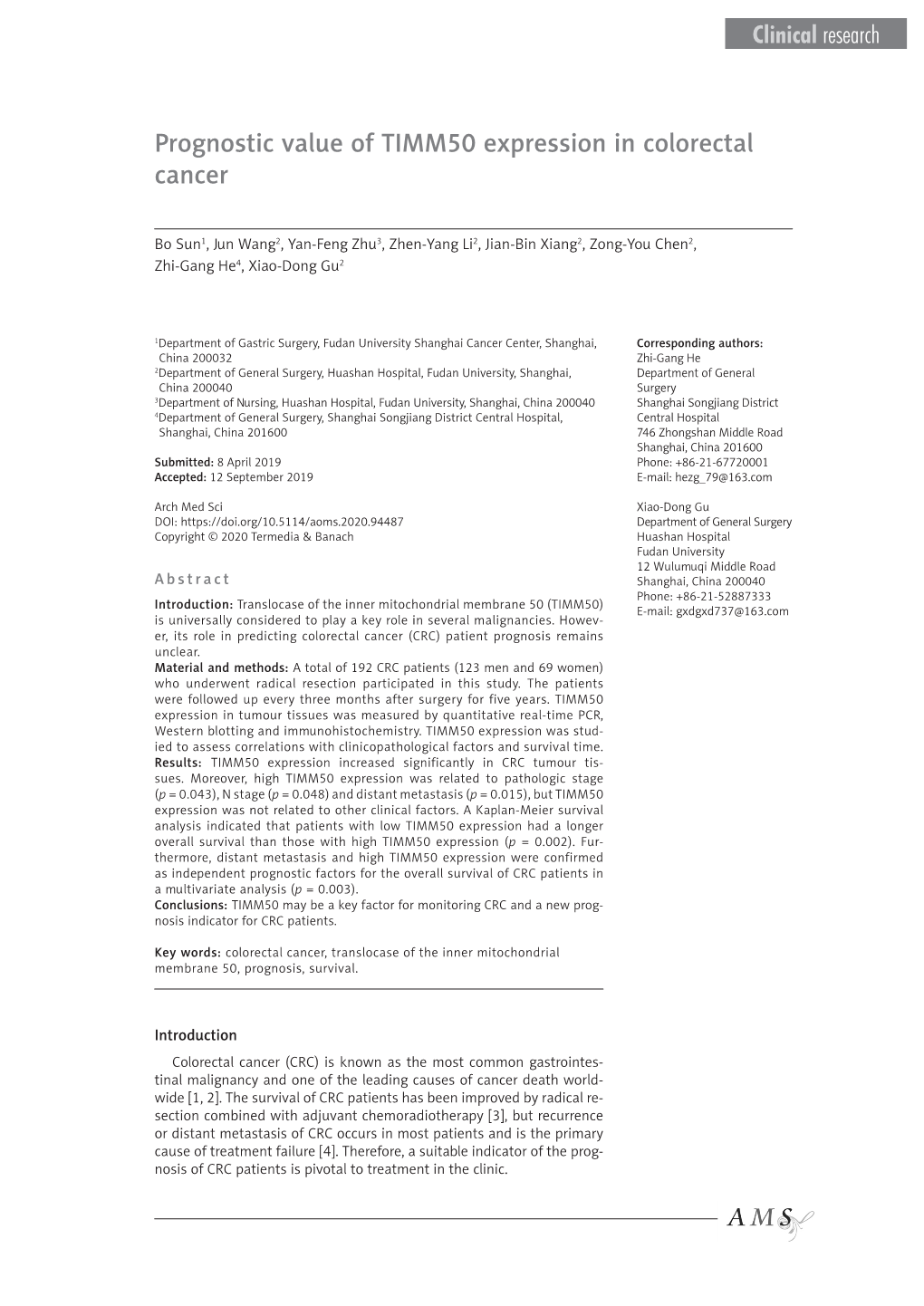 Prognostic Value of TIMM50 Expression in Colorectal Cancer