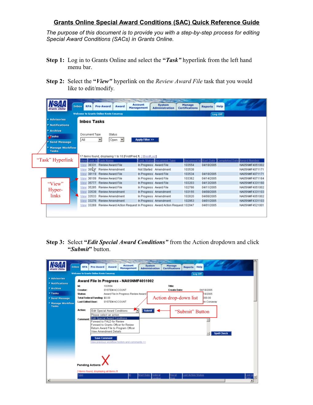 Grants Online Special Award Conditions (SAC) Quick Reference Guide