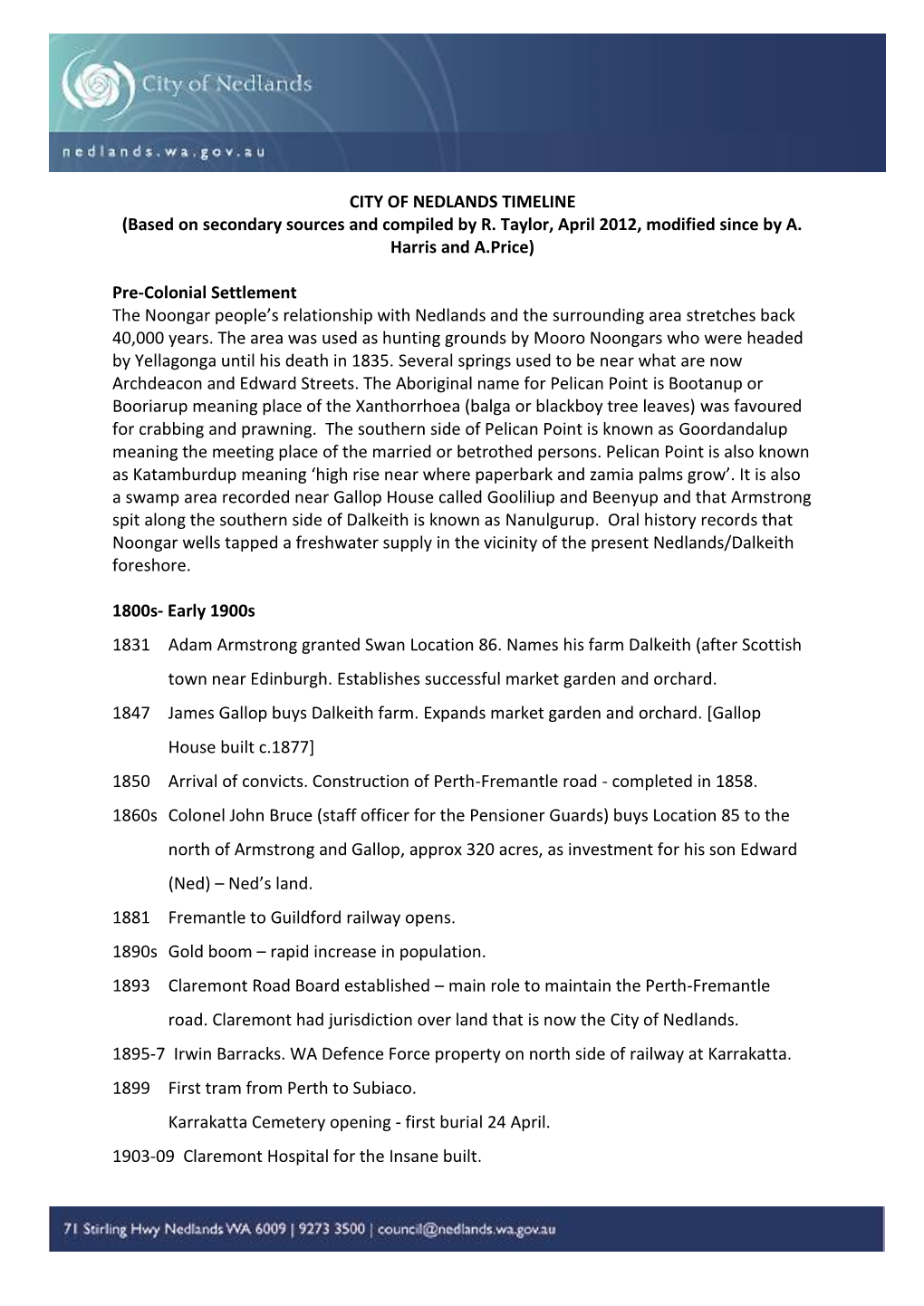 CITY of NEDLANDS TIMELINE (Based on Secondary Sources and Compiled by R