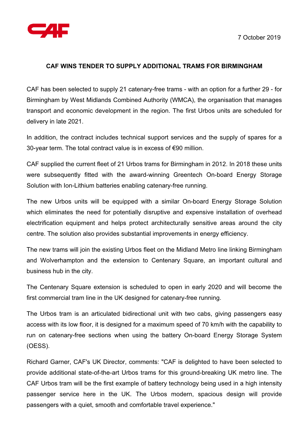 7 October 2019 CAF WINS TENDER to SUPPLY ADDITIONAL TRAMS