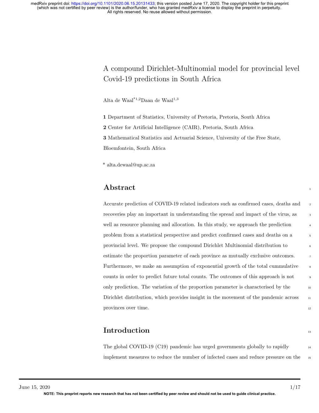 A Compound Dirichlet-Multinomial Model for Provincial Level Covid-19 Predictions in South Africa