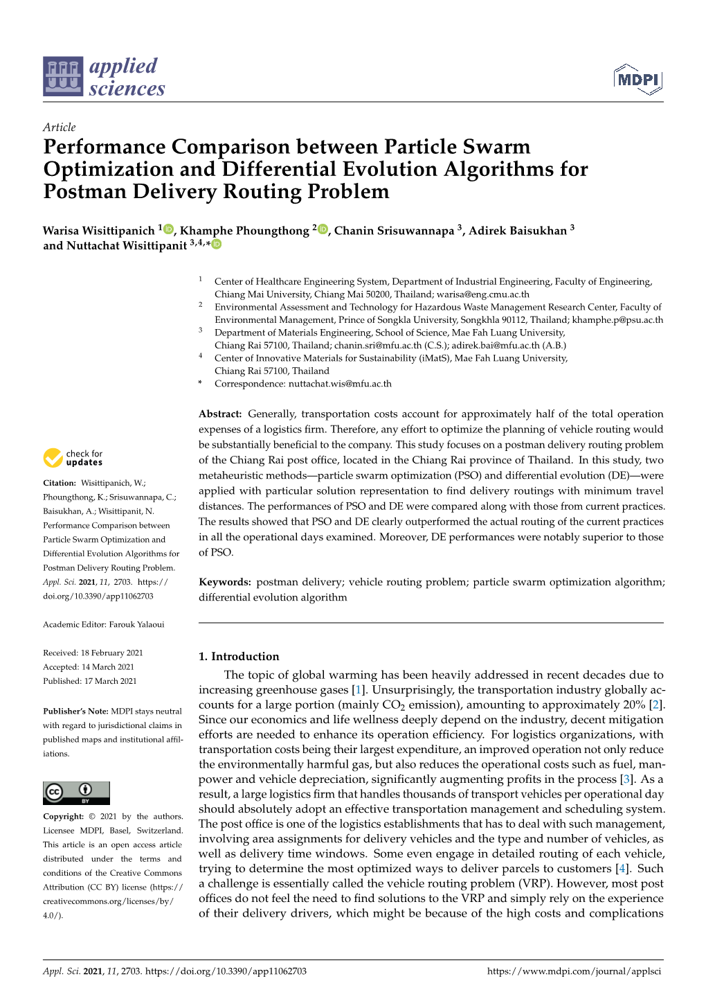 Performance Comparison Between Particle Swarm Optimization and Differential Evolution Algorithms for Postman Delivery Routing Problem