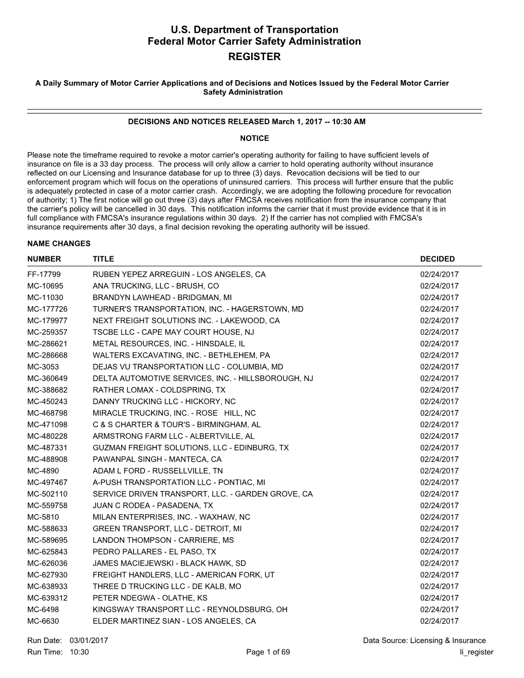 U.S. Department of Transportation Federal Motor Carrier Safety Administration REGISTER