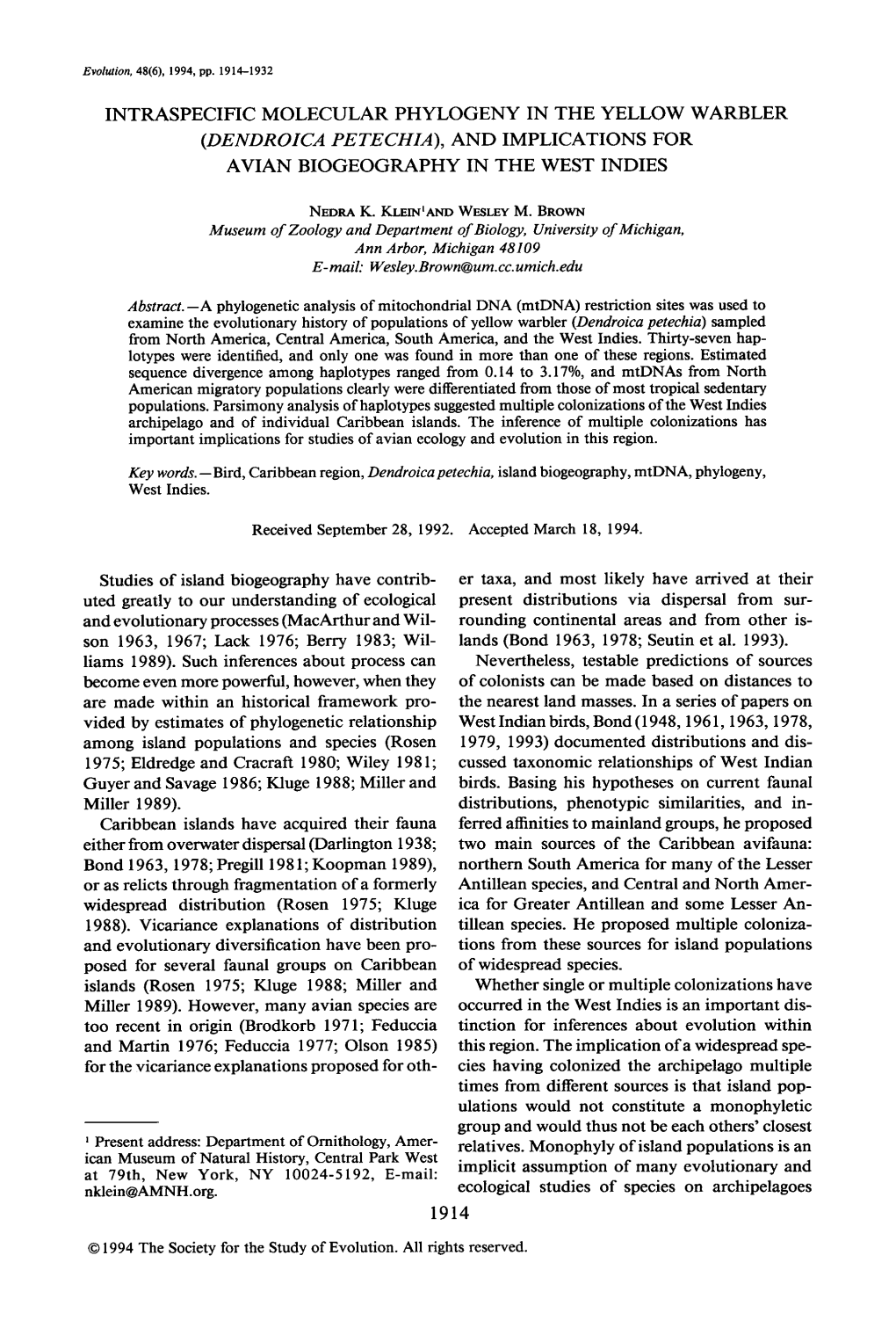 Intraspecific Molecular Phylogeny in the Yellow Warbler (Dendroica Petechia), and Implications for Avian Biogeography in the West Indies