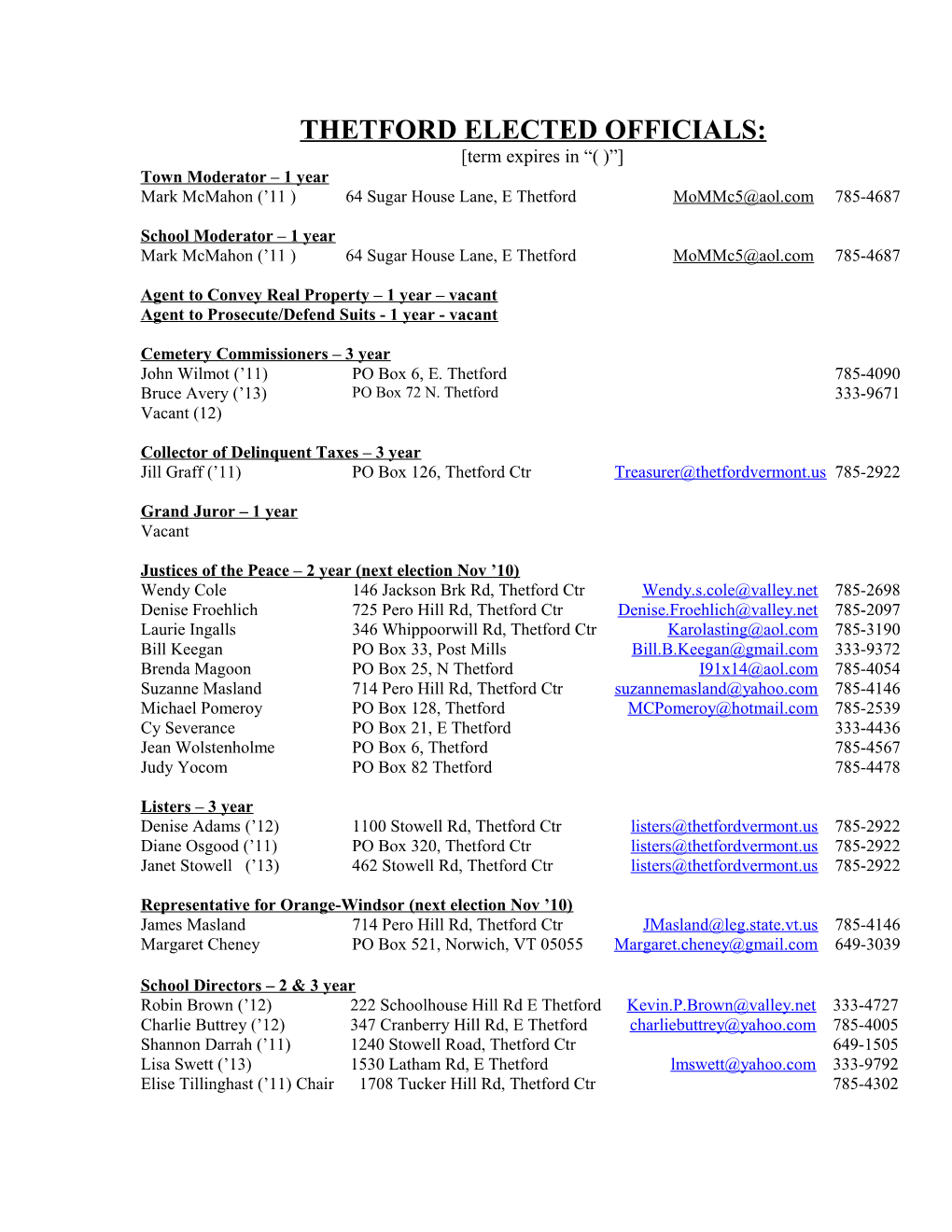 Thetford Elected Officials