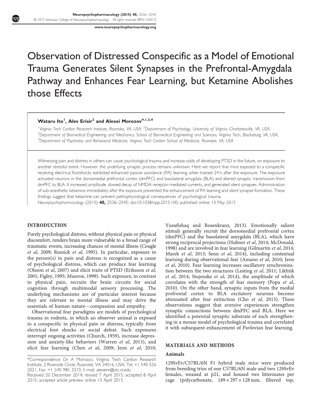 Observation of Distressed Conspecific As a Model of Emotional Trauma