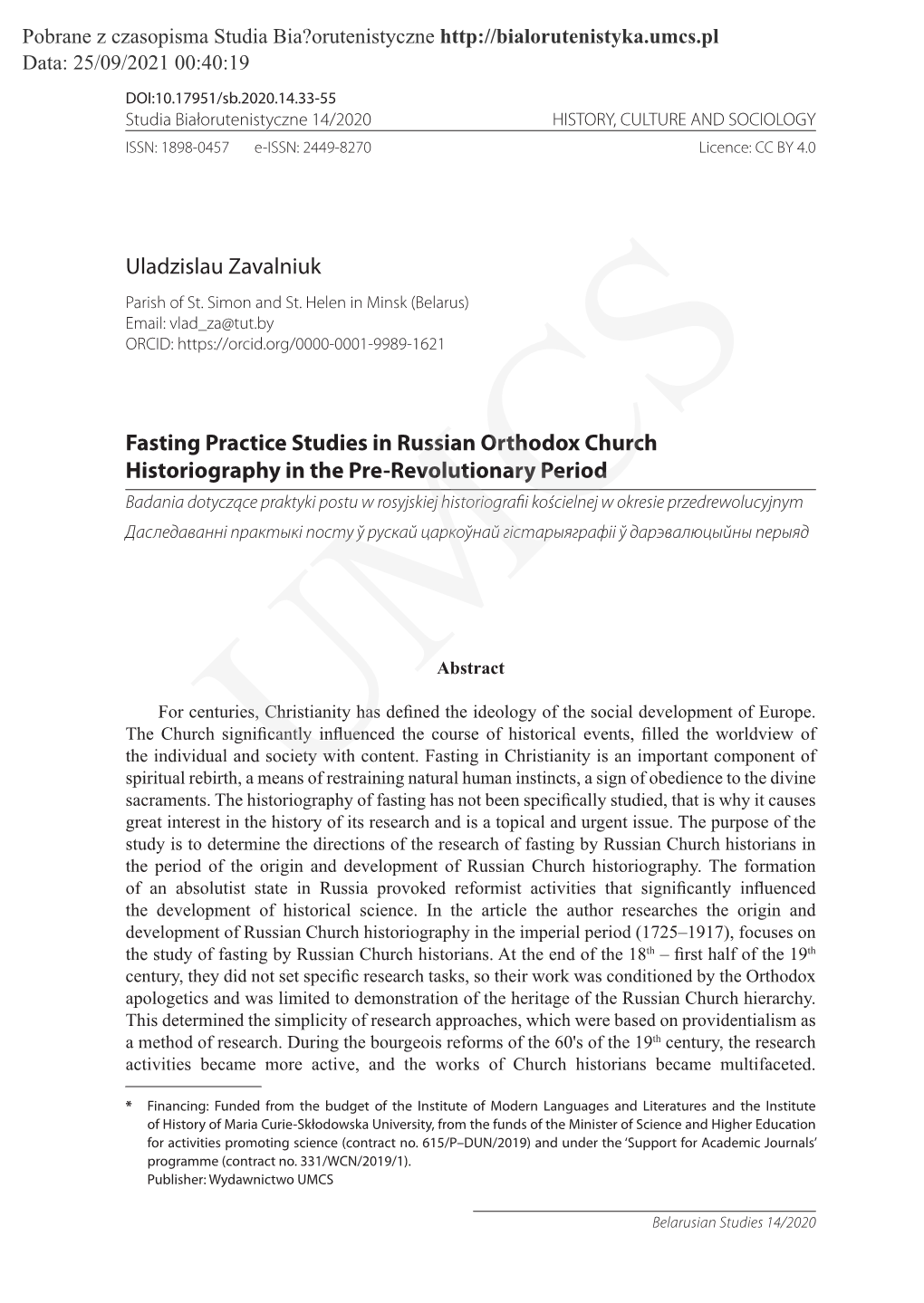 Uladzislau Zavalniuk Fasting Practice Studies in Russian Orthodox