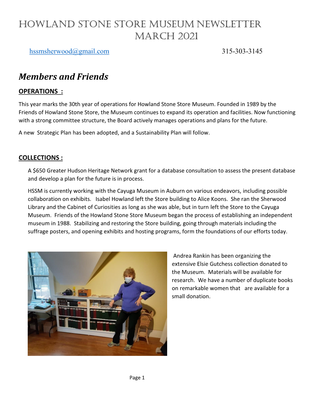 HOWLAND STONE STORE MUSEUM NEWSLETTER March 2021