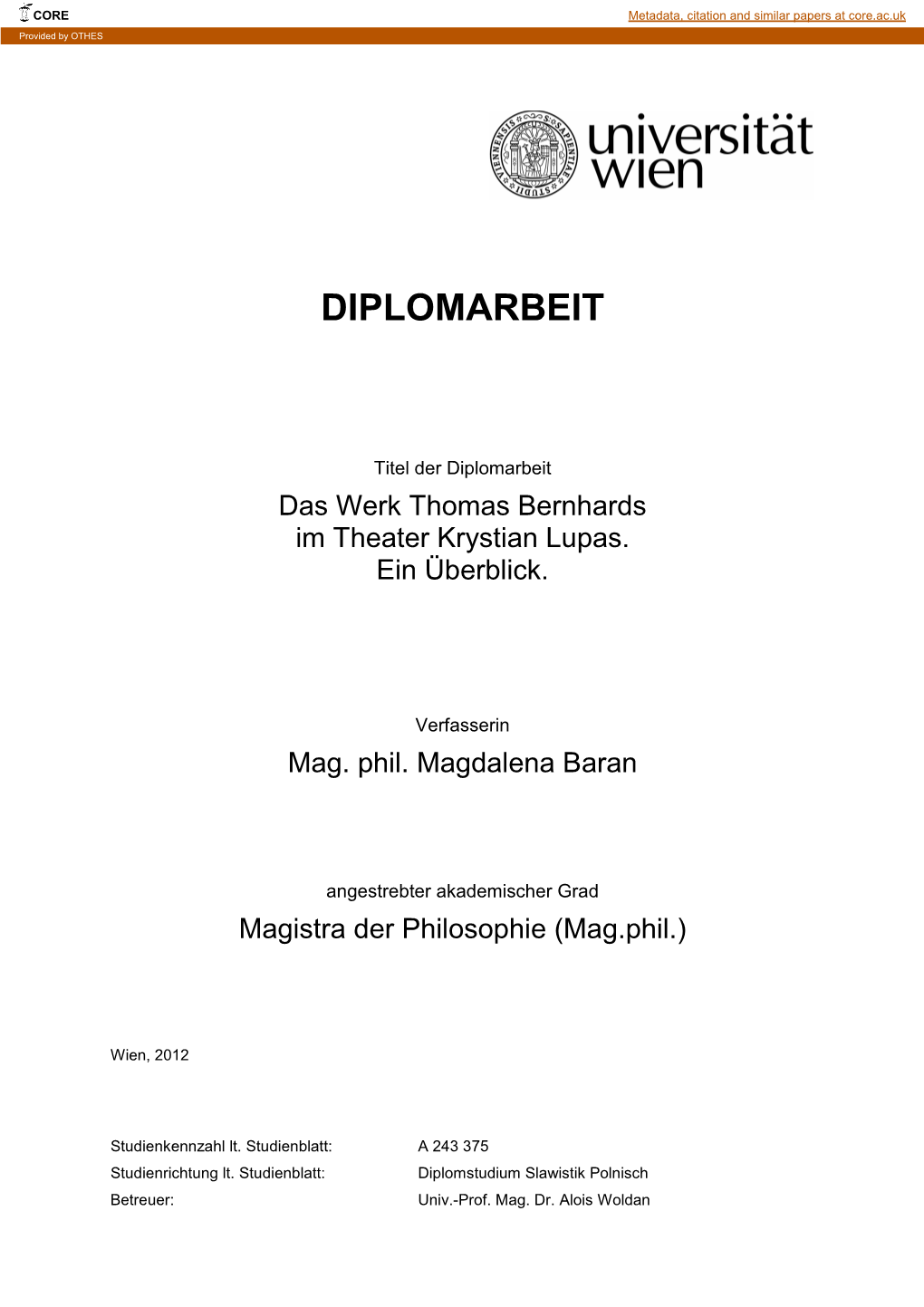 DIPLAMARBEIT SLAW Das Werk Thomas Bernhards Im Theater