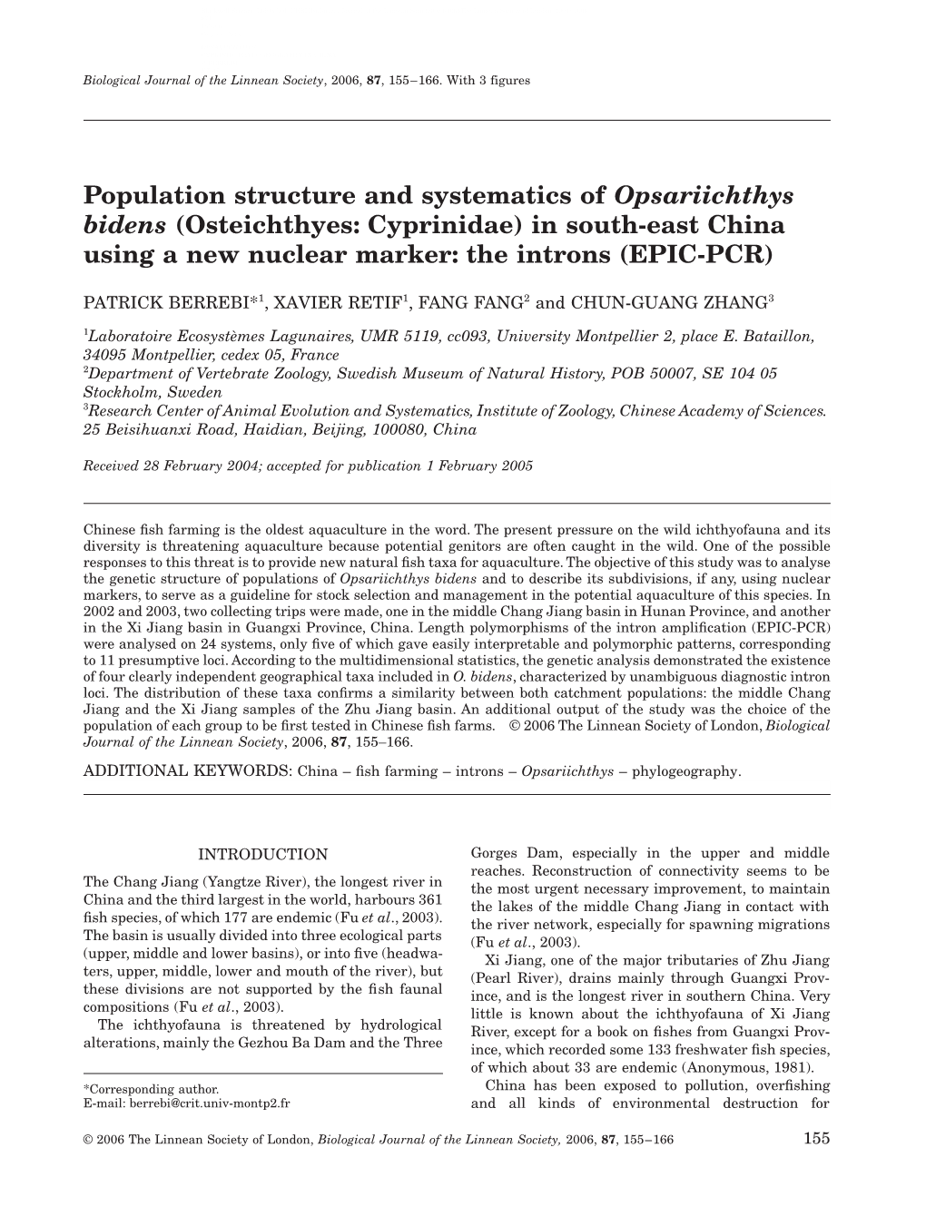 Population Structure and Systematics of Opsariichthys Bidens (Osteichthyes: Cyprinidae) in South-East China Using a New Nuclear Marker: the Introns (EPIC-PCR)