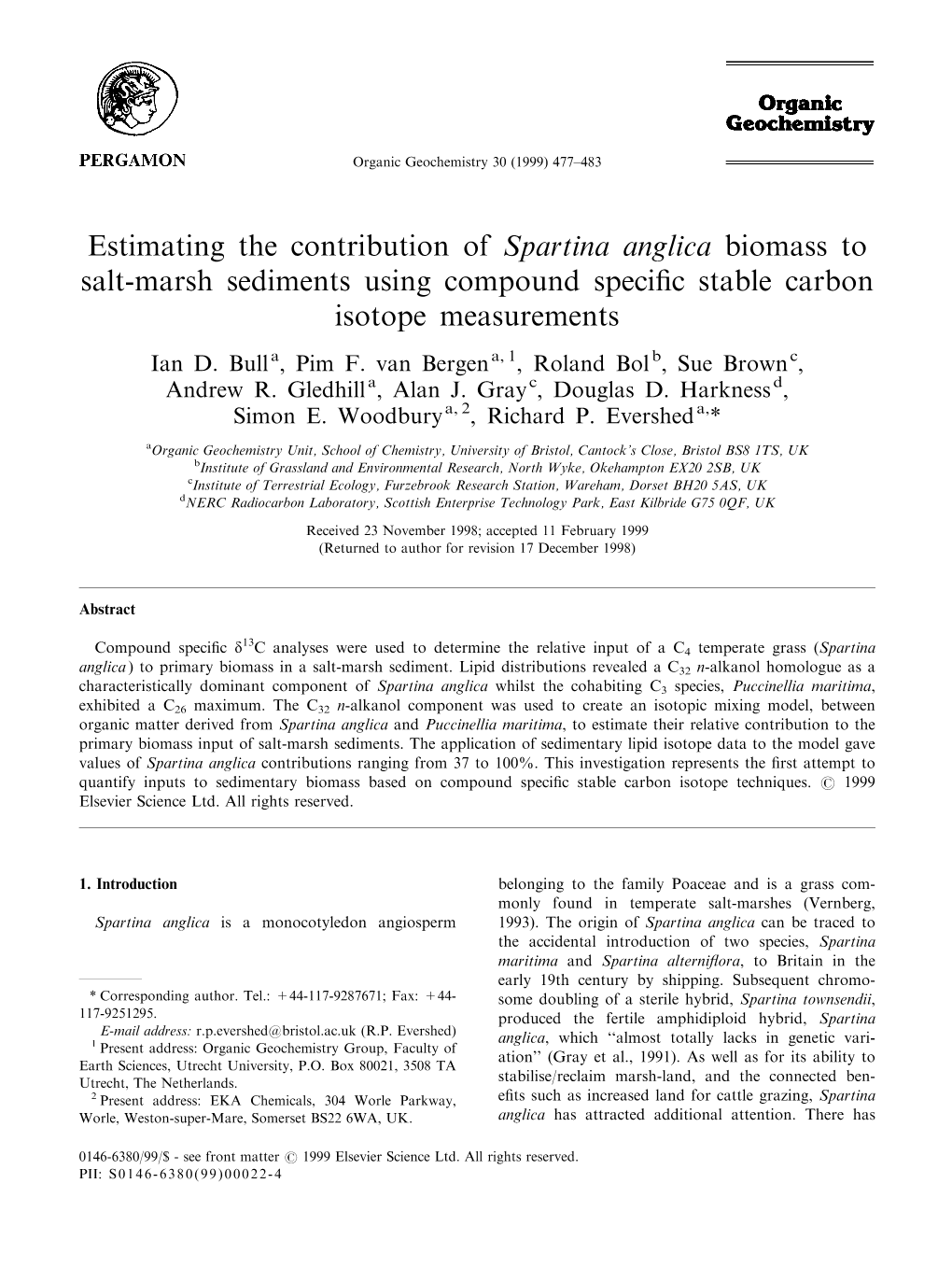 Estimating the Contribution of Spartina Anglica Biomass to Salt-Marsh Sediments Using Compound Speci®C Stable Carbon Isotope Measurements