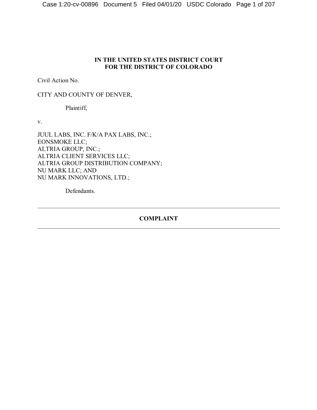 Case 1:20-Cv-00896 Document 5 Filed 04/01/20 USDC Colorado Page 1 of 207