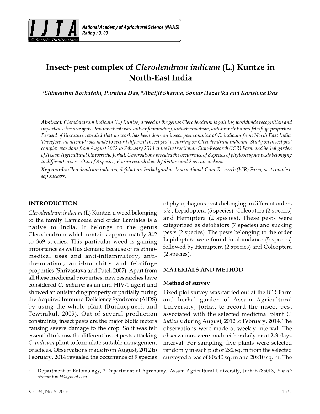 Insect- Pest Complex of Clerodendrum Indicum (L.) Kuntze in North-East India